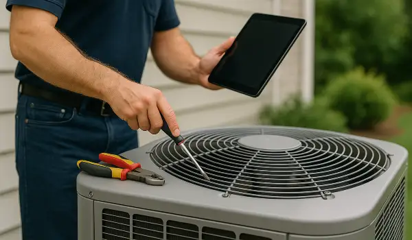 a male air conditioning technician testing an outside ac unit from Georgetown AC Repair in Georgetown, TX - AC Inspection