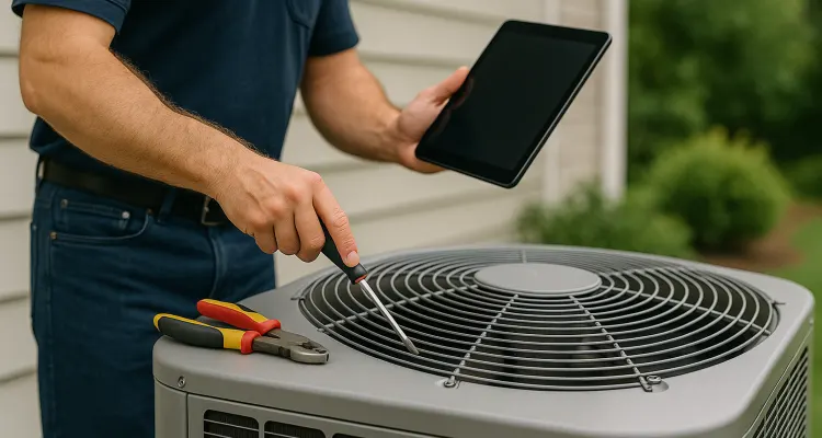 a male air conditioning technician testing an outside ac unit from Georgetown AC Repair in Georgetown, TX - AC Inspection