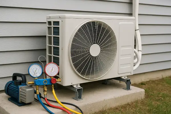 an ac unit outside with an ac manifold gauge next to it from Georgetown AC Repair in Georgetown, TX - AC Inspection