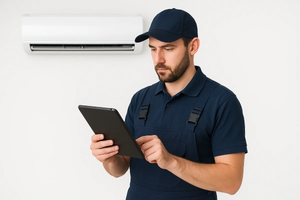 an air conditioning technician with an ipad filling out a report from Georgetown AC Repair in Georgetown, TX - AC Inspection