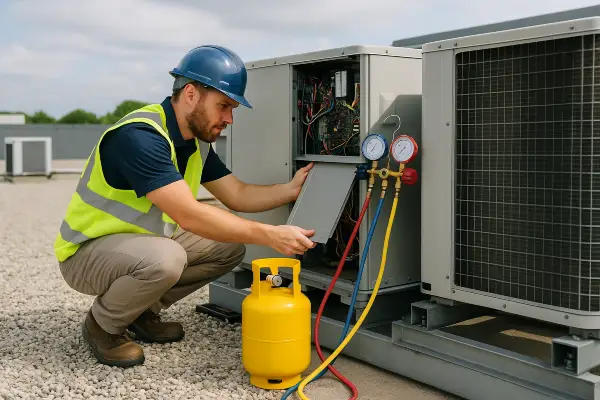an air conditioning technician using a small freon tank to refill an ac unit from Georgetown AC Repair in Georgetown, TX - AC system Installation