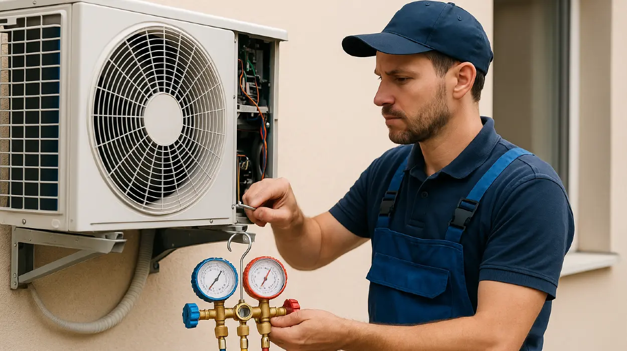 a male air conditioning technician checking an ac unit from Georgetown AC Repair in Georgetown, TX Air Conditioning Technician near me