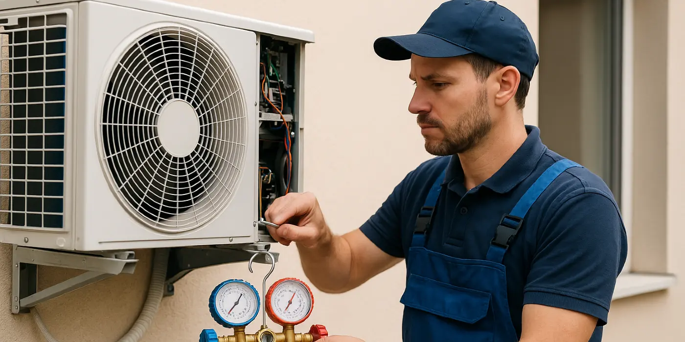 a male air conditioning technician checking an ac unit from Georgetown AC Repair in Georgetown, TX Air Conditioning Technician near me