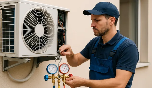 a male air conditioning technician checking an ac unit from Georgetown AC Repair in Georgetown, TX Air Conditioning Technician near me