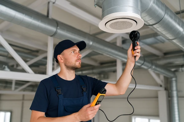 a male hvac technician measuring the temperature with a device from Georgetown AC Repair in Georgetown, TX - Commercial ac repair